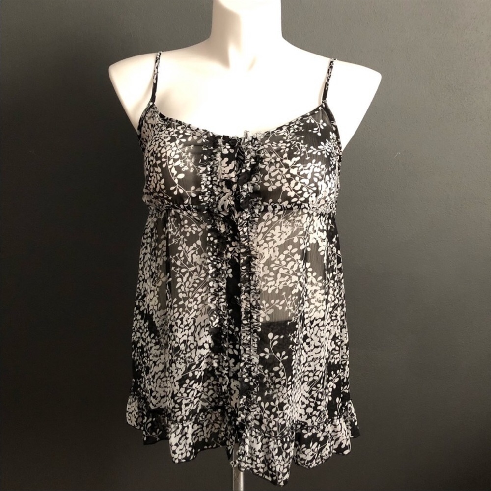 Express Floral Ruffle Sheer Button Down Tank Top L